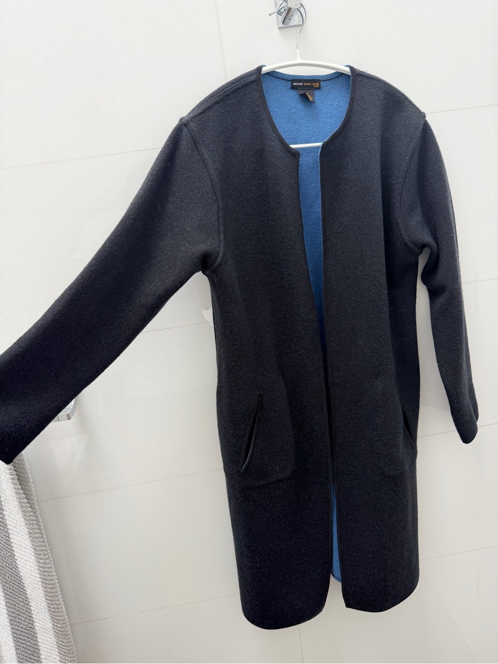 Reversible Grey and Blue  Open Front Long sweater 100% wool